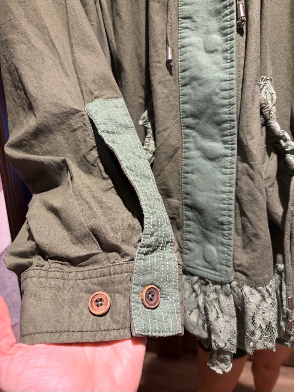 ✌🏽☮️🤎We The Free Olive Green Outset Utility Jacket Lace Ruffle Hem✌🏽🤎☮️ - Picture 12 of 16
